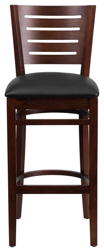 Darby Series Slat Back Walnut Wood Restaurant Barstool, Black Vinyl Seat