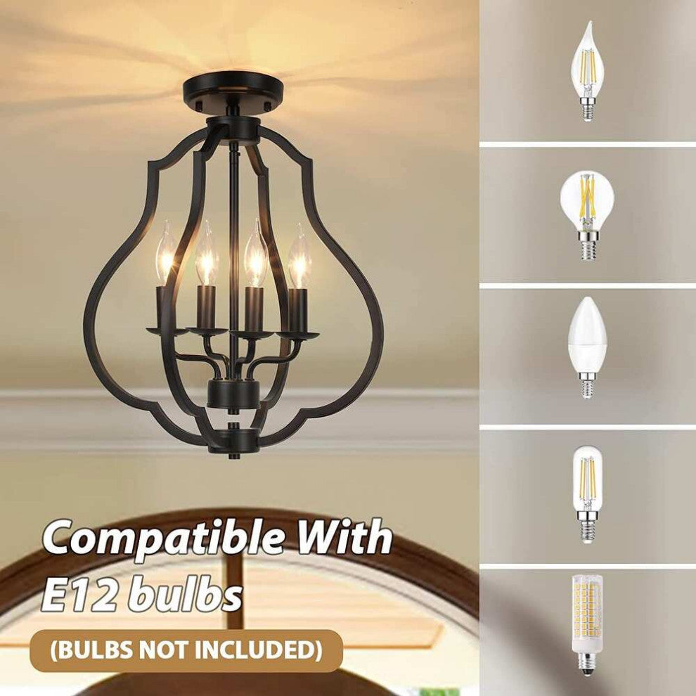 4 Light Farmhouse Ceiling Light, Vintage, Black, Industrial, Flush Mount