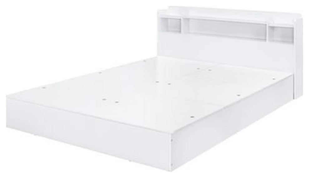 Benzara BM269599 Queen Bed With 6 Under Compartments & Storage Headboard, White
