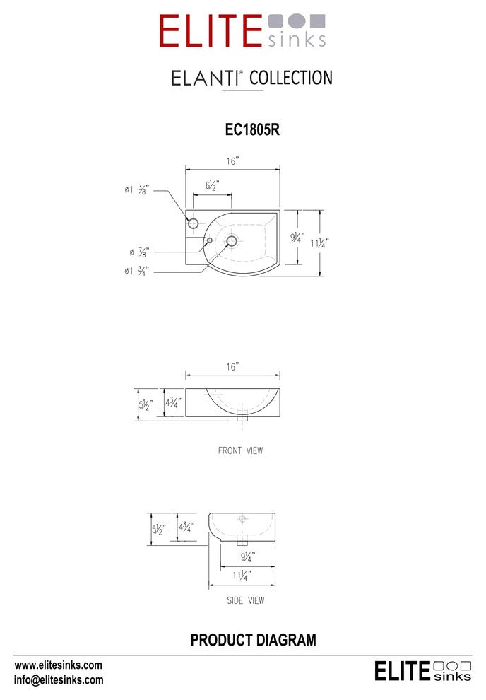 ELANTI EC1805-R Porcelain Wall-Mounted Sink, Right-Facing, White