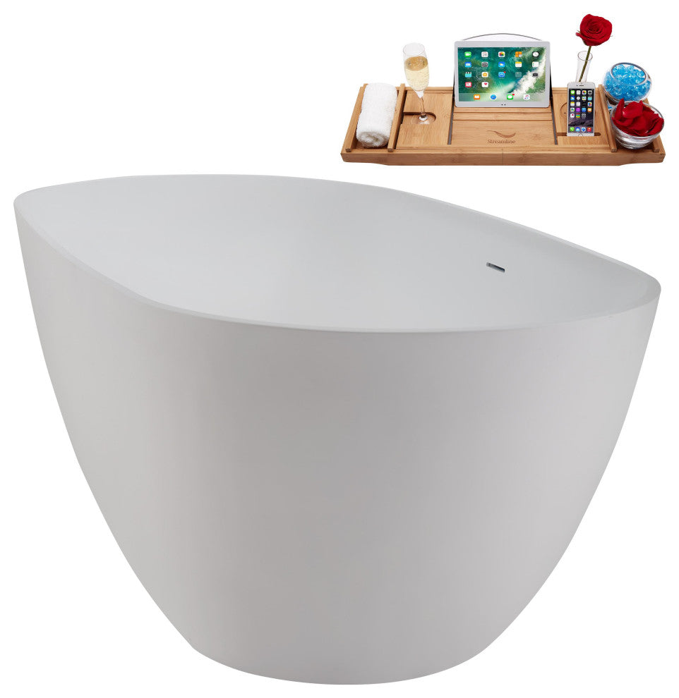 59" Streamline NS5860CH Matte White Stone Resin Bathtub, Tray With Chrome Drain