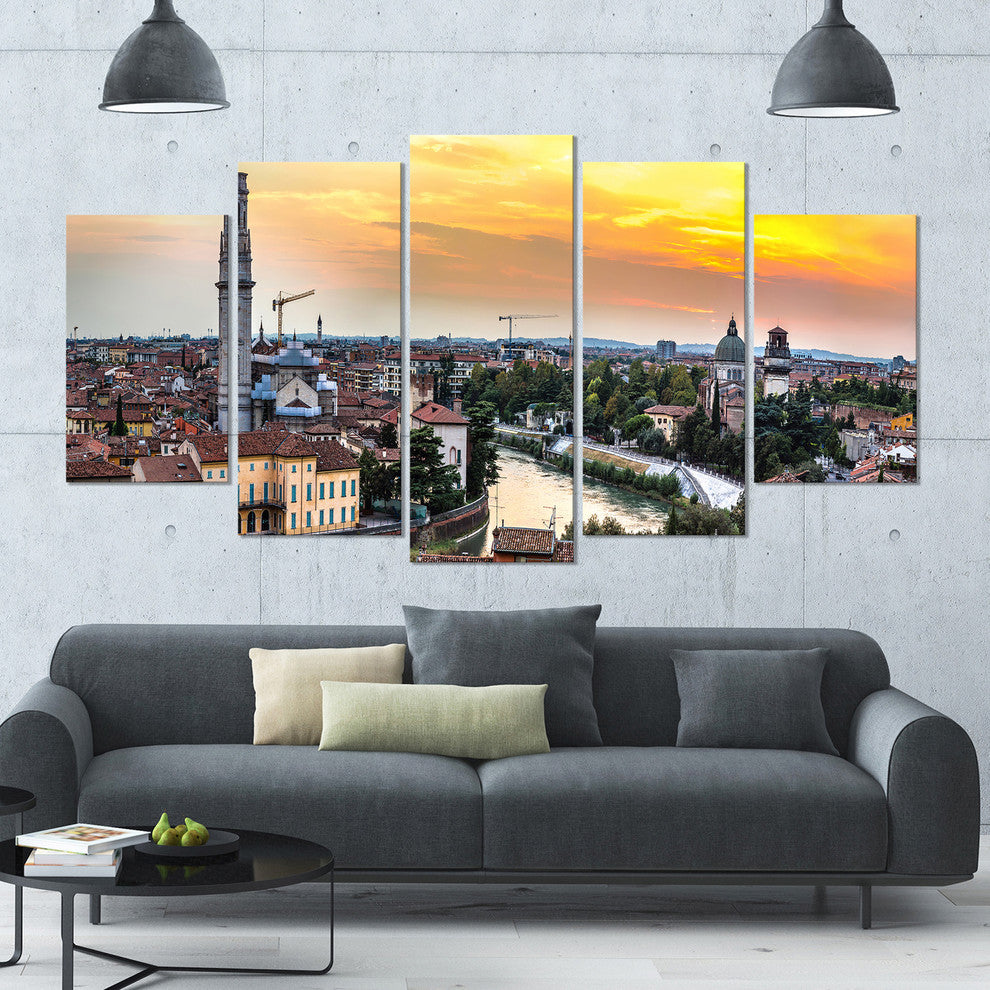 Verona at Sunset in Italy, Large Cityscape Canvas Art Print, 60"x32", 5 Panels