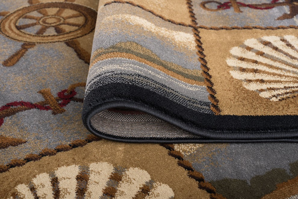 Seashore Nautical Novelty Lodge Pattern Beige Rectangle Area Rug, 5'x7'