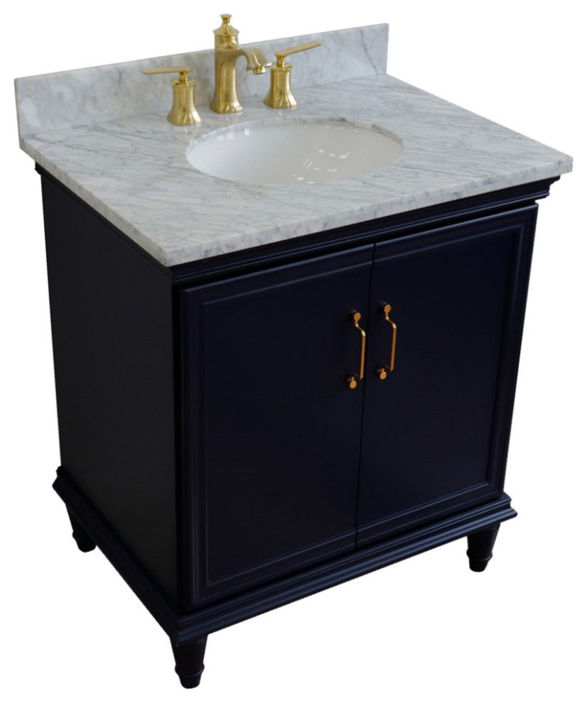 31" Single Vanity, Blue Finish With White Carrara And Oval Sink