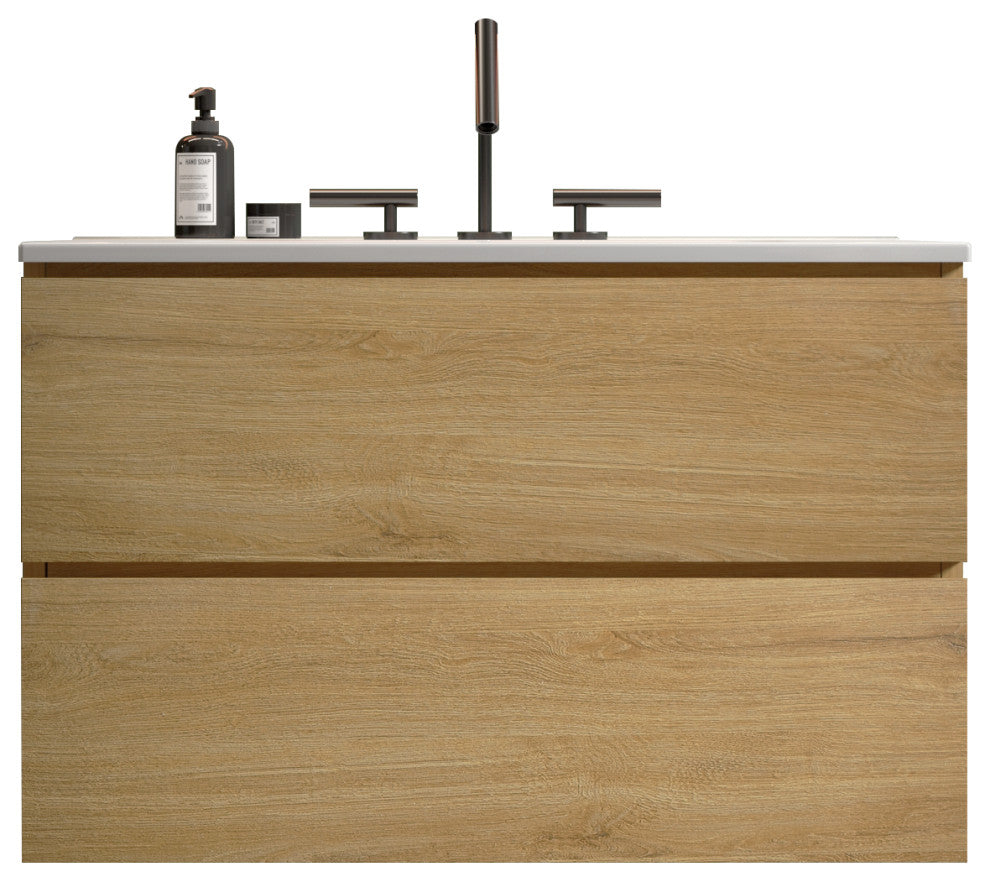 Wall-Mounted Bathroom Vanity Set with Ceramic Sink with three faucet holes, Oak, 30"