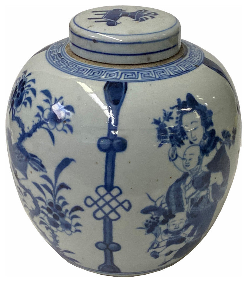Hand-paint Family Graphic Blue White Porcelain Ginger Jar Hws1747