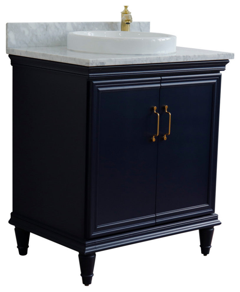 31" Single Vanity, Blue Finish With White Carrara And Round Sink