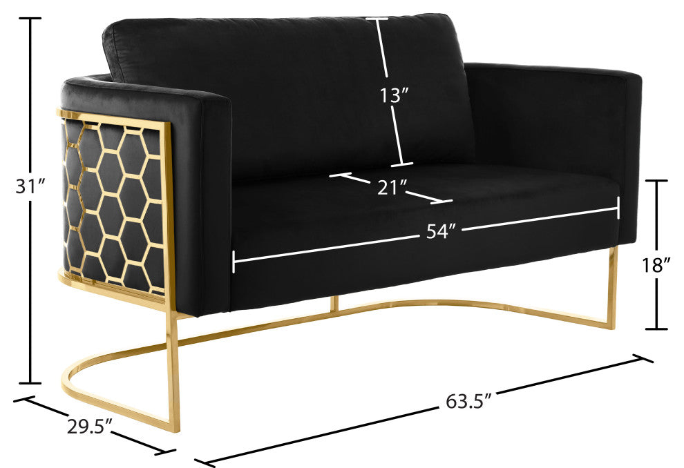 Casa Velvet Upholstered Loveseat, Black, Gold Finish
