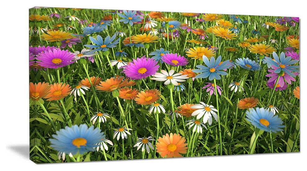 Different Color Flowers in Field, Large Floral Canvas Art Print, 60"x28"