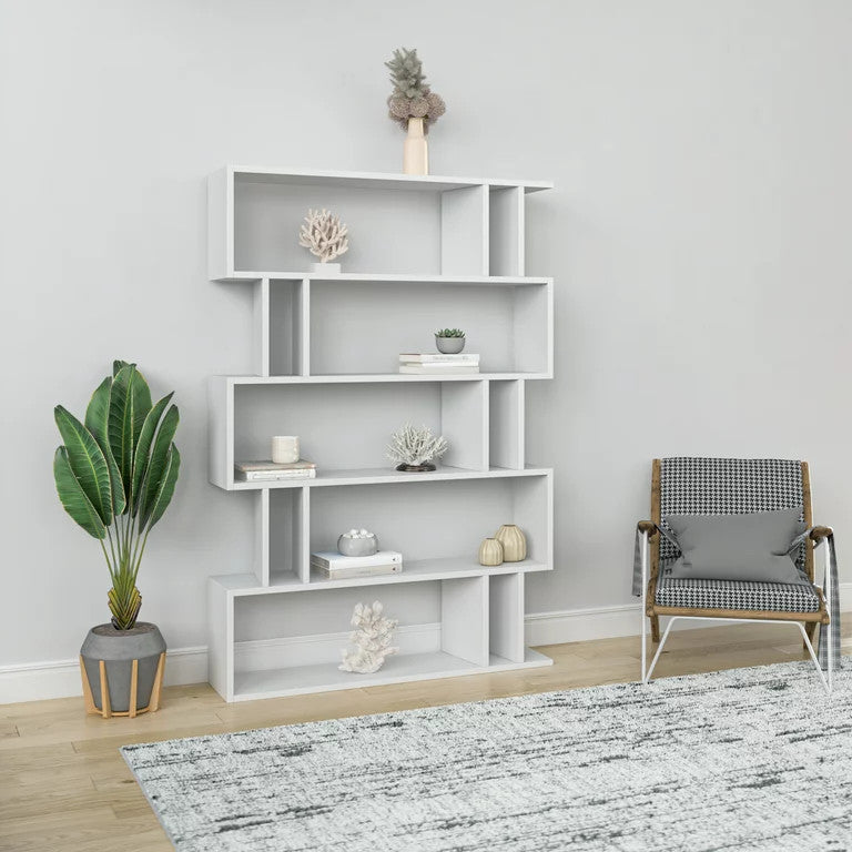 Modern Bookcase, Wooden Construction With Open Comparments, White