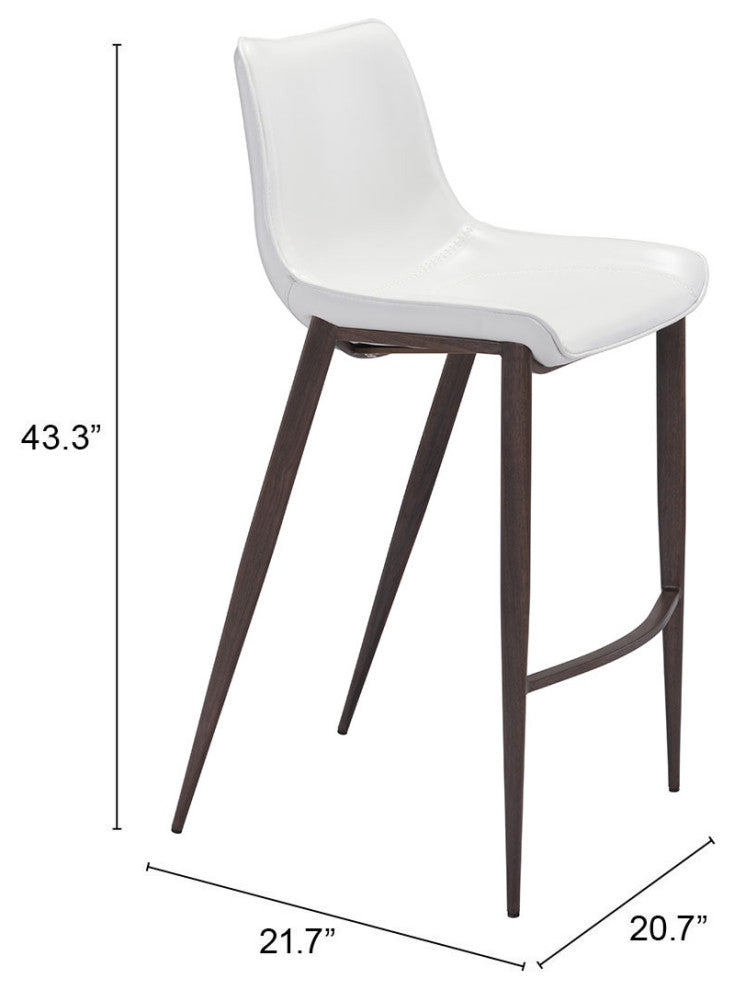 Bar Stool Chair Barstool, Set of 2, Faux Vinyl Leather, Steel, White, Walnut