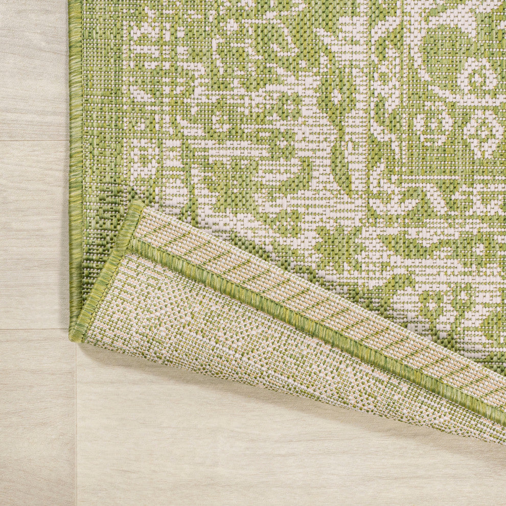Tela Boho Textured Weave Floral Indoor/Outdoor Rug, Green/Cream, 3 X 5