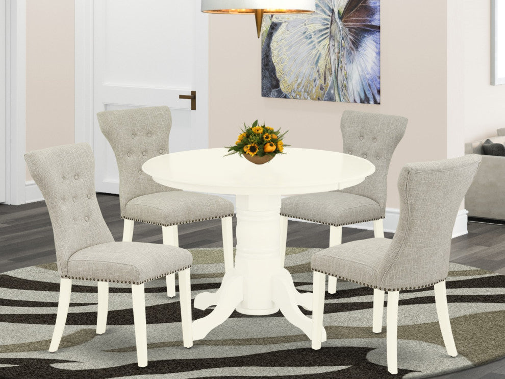 5Pc Dining Set 4 Chairs, Kitchen Table Solid Wood Frame -High Back & Linen White