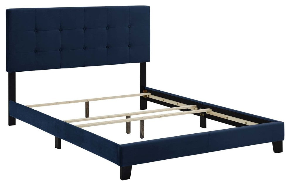 Amira Full Upholstered Velvet Bed, Midnight Blue