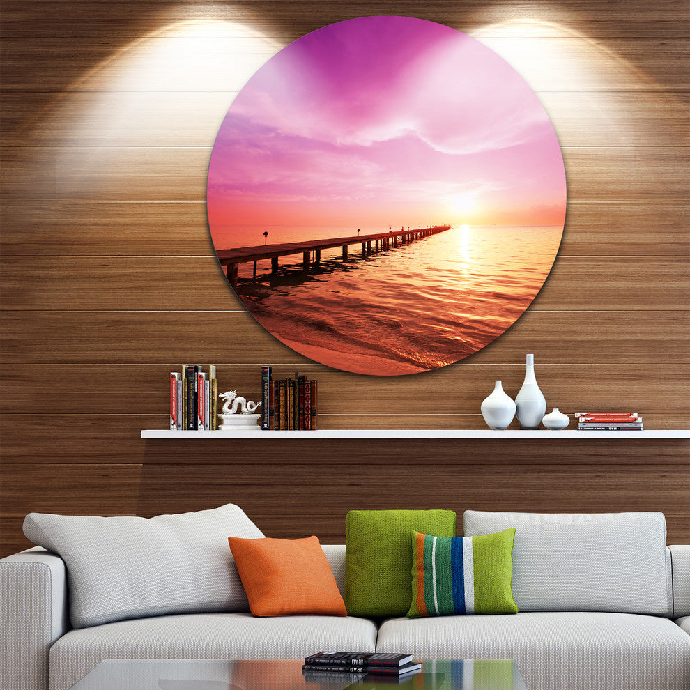 Brown Sea And Pier Under Magenta Sky, Sea Bridge Round Wall Art, 23"