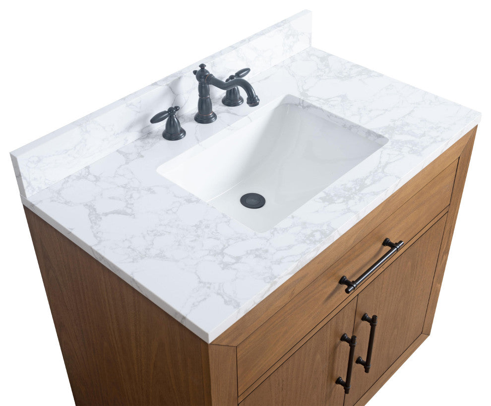Vanity Art Bathroom Vanity With Sink, Tan, 36" Single, Arabescato White Engineered Marble Top