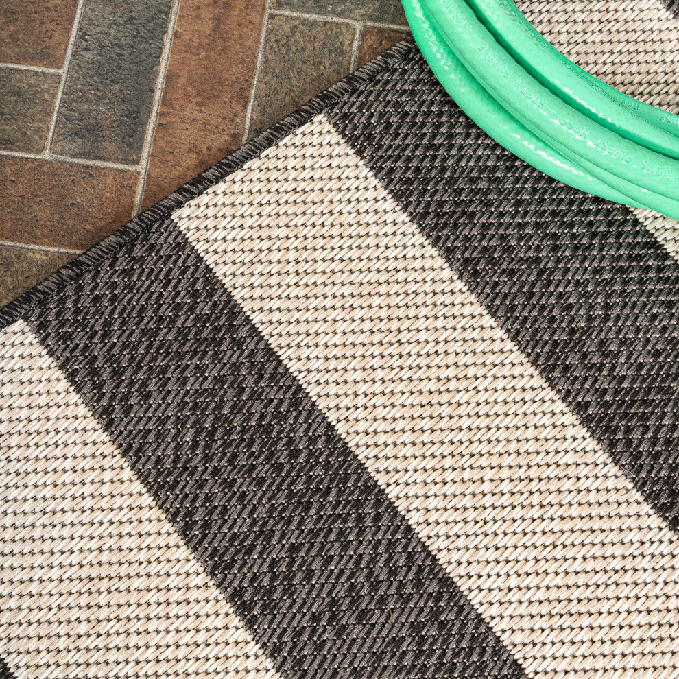 Negril Two-Tone Wide Stripe Indoor/Outdoor Area Rug, Black/Beige, 8x10