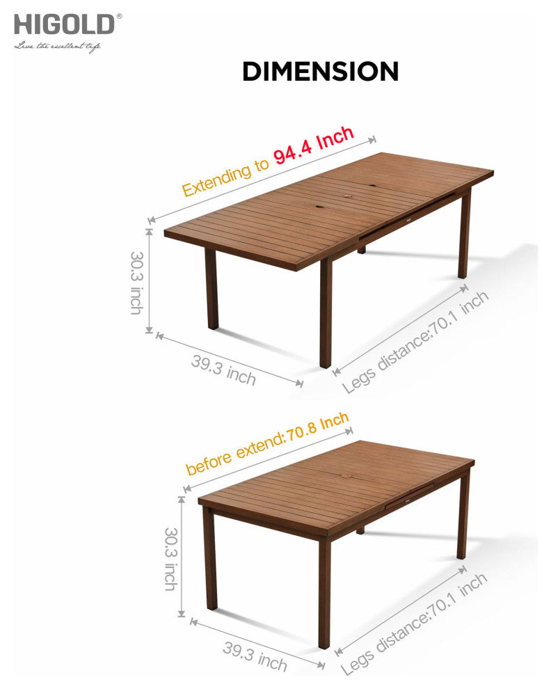 HIGOLD Carlo 8+1 Pieces Extendable Aluminum Outdoor Dining Set, Wood Color