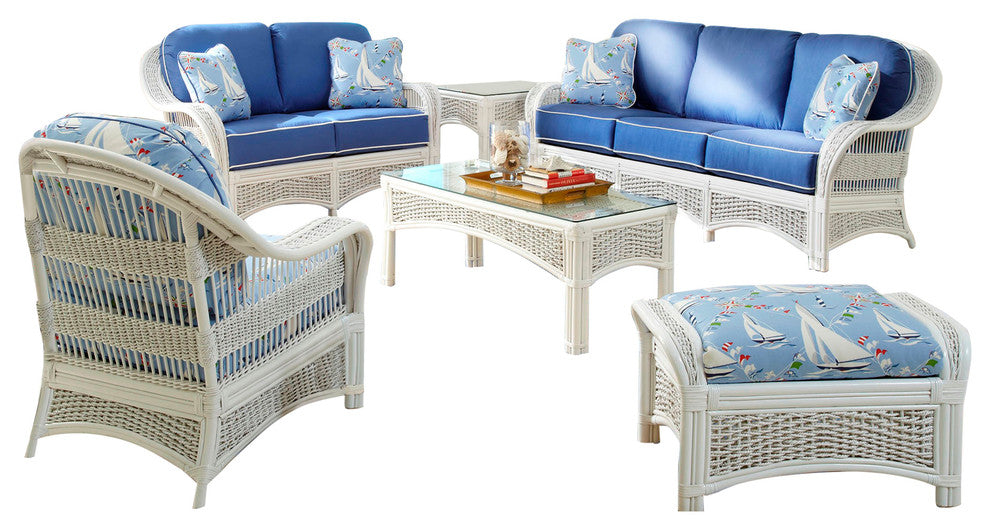 Regata 6-Piece Living Room Furniture Set, White, Callista-Stripe-Delft Fabric
