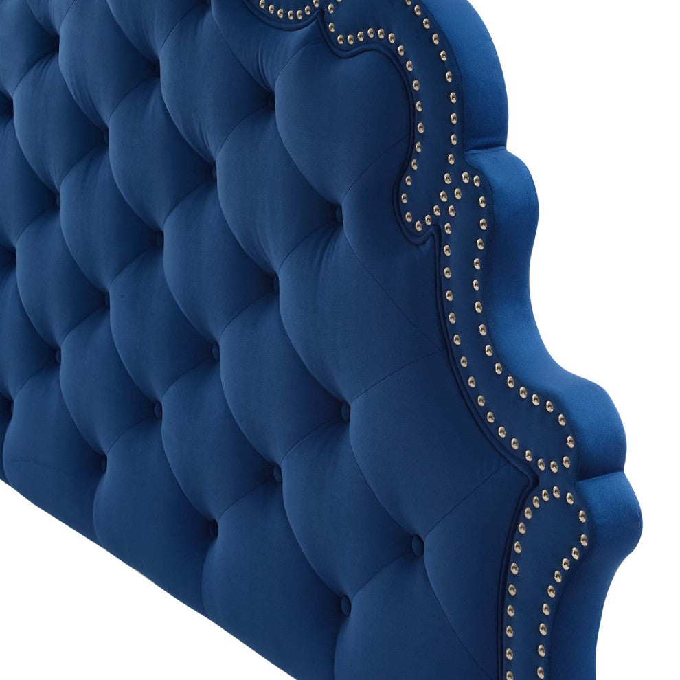 Tufted Headboard, Nailhead, Full Queen, Blue Navy, Velvet, Modern, Mid Century