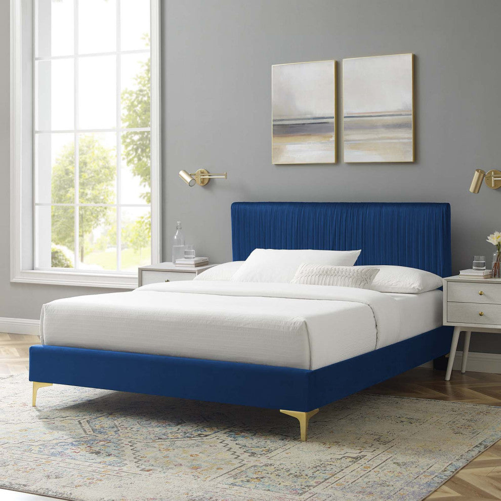 Platform Bed Frame, King Size, Velvet, Blue Navy, Modern Contemporary, Bedroom