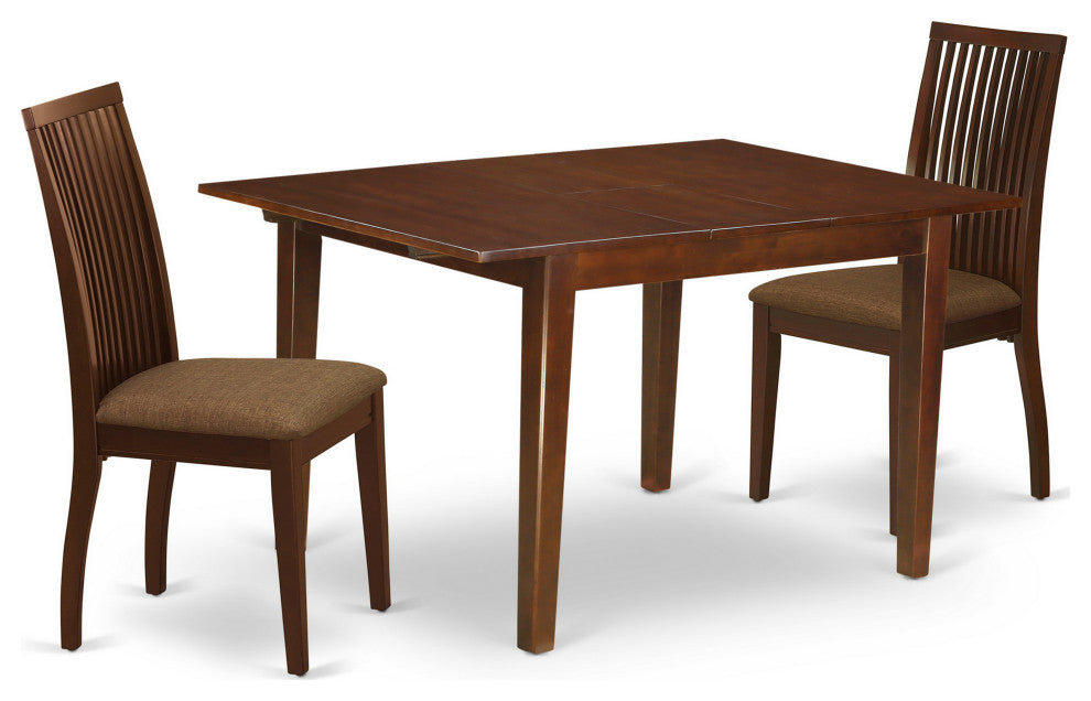 3Pc Dinette Set, Rectangular Table, Two Linen Seat Chairs, Mahogany