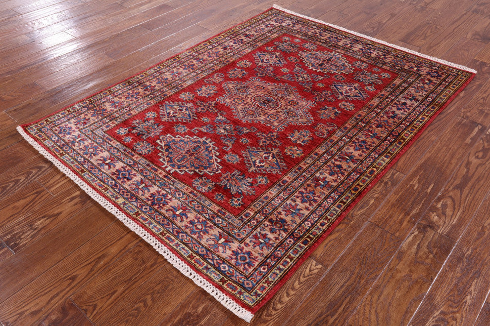 Geometric Super Kazak Hand-Knotted Wool Rug 4' 2" X 5' 6" Q10263