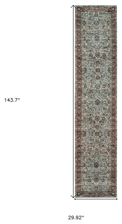 12' Runner Blue Red Green and Gold Oriental Power Loom Runner Rug