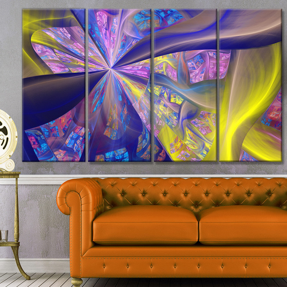 Purple Yellow Fractal Curves, Abstract Canvas Art Print, 48"x28", 4 Panels
