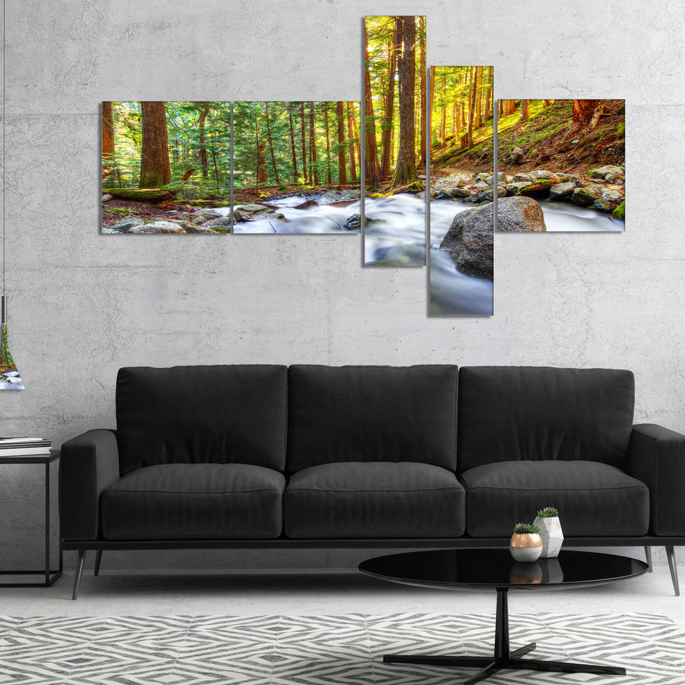Creek Flowing Through Forest, Landscape Canvas Art Print, 60"x32", 5 panels