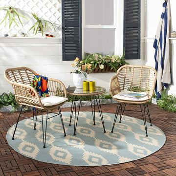 Outdoor Bistro Set with PE Rattan Chairs and Beige Cushions, Light Brown, Brown/White