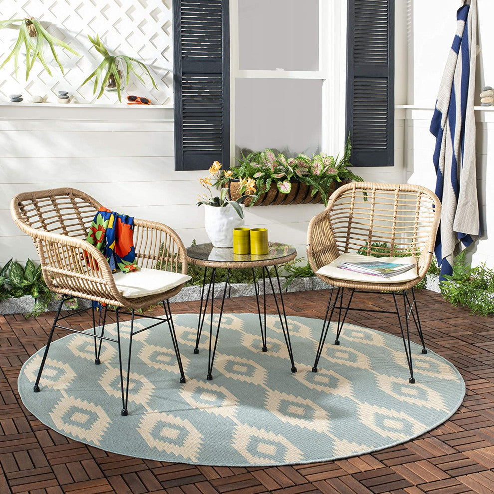 Outdoor Bistro Set with PE Rattan Chairs and Beige Cushions, Light Brown, Brown/White