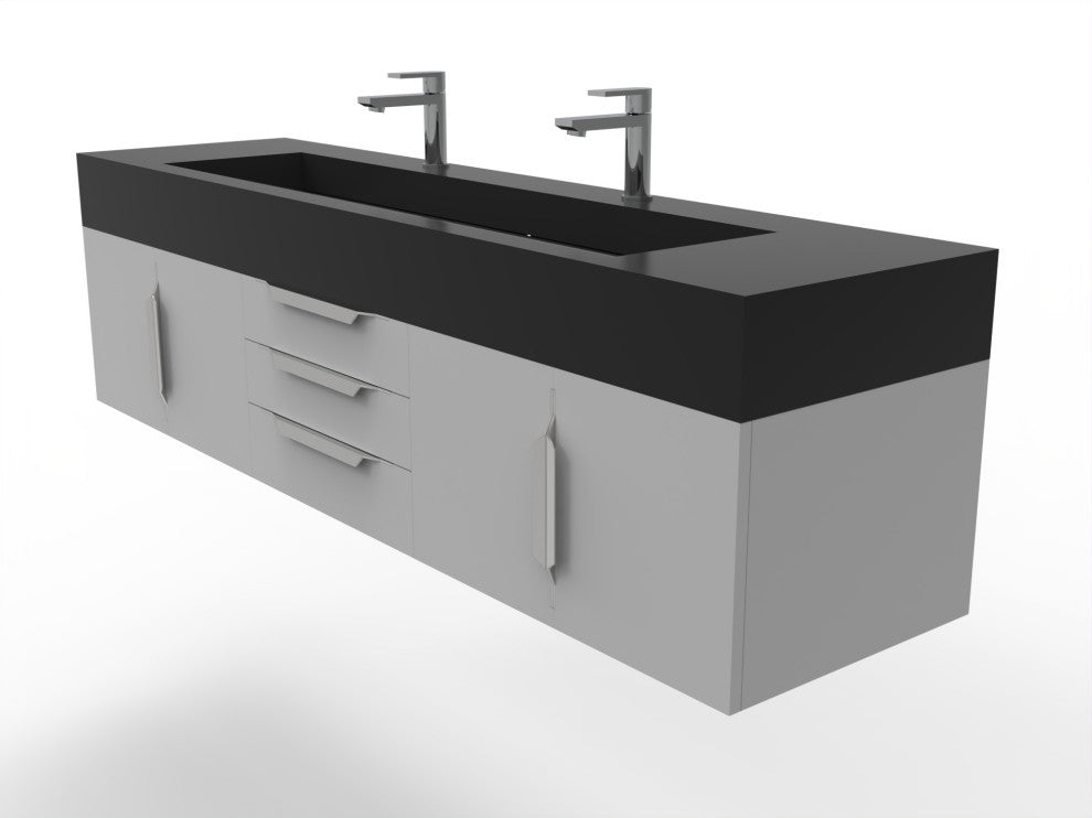 CastelloUSA Nile 72" Wall Mounted Bathroom Vanity Set, Gray, Black Top, Chrome Handles