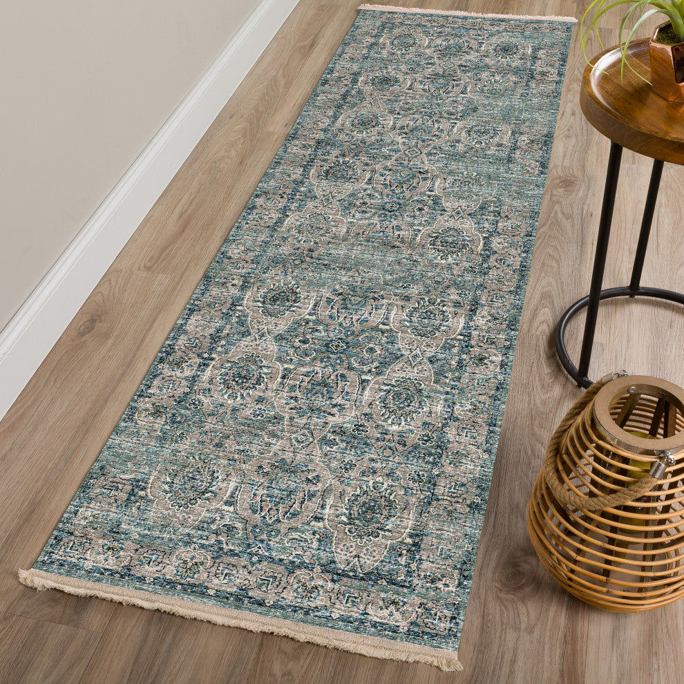 Indoor/Outdoor Marbella MB5 Mineral Blue Machine Washable 2'3" x 10' Runner Rug