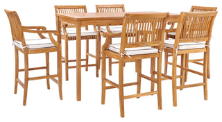 7 Piece Teak Wood Castle 71" Rectangular Bistro Bar Set with 6 Barstools w/ Arms