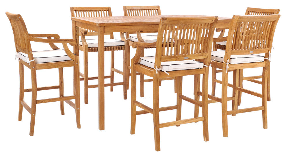 7 Piece Teak Wood Castle 71" Rectangular Bistro Bar Set with 6 Barstools w/ Arms