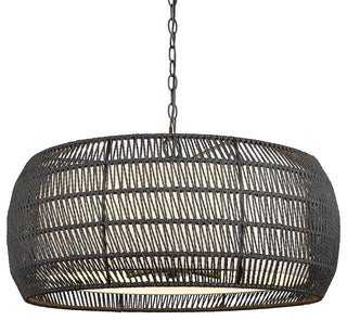 Everly 6 Light Chandelier, Matte Black With Modern Black Rattan Shade