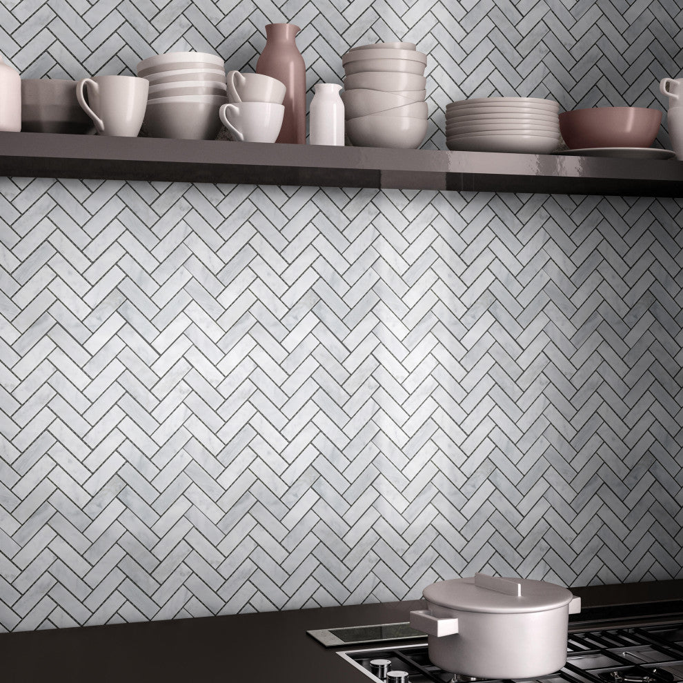 Carrara White 11.2"Ã—12.6" Herringbone Polished Marble Mosaic Tile, 1 Box
