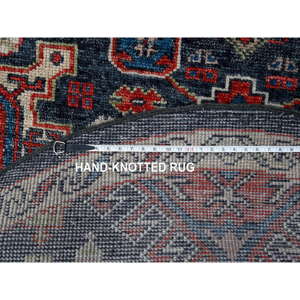 Charcoal Black Karajeh Heriz Pure Wool Hand Knotted Round Oriental Rug 7'9"x7'9"