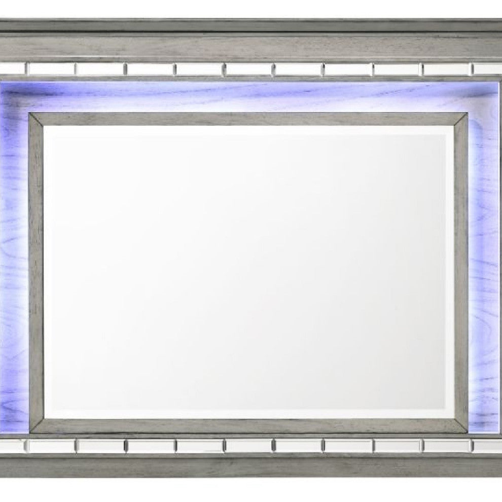 Benzara BM275063 48" Wood Mirror, LED, Mirrored Trim, Landscape, Light Gray