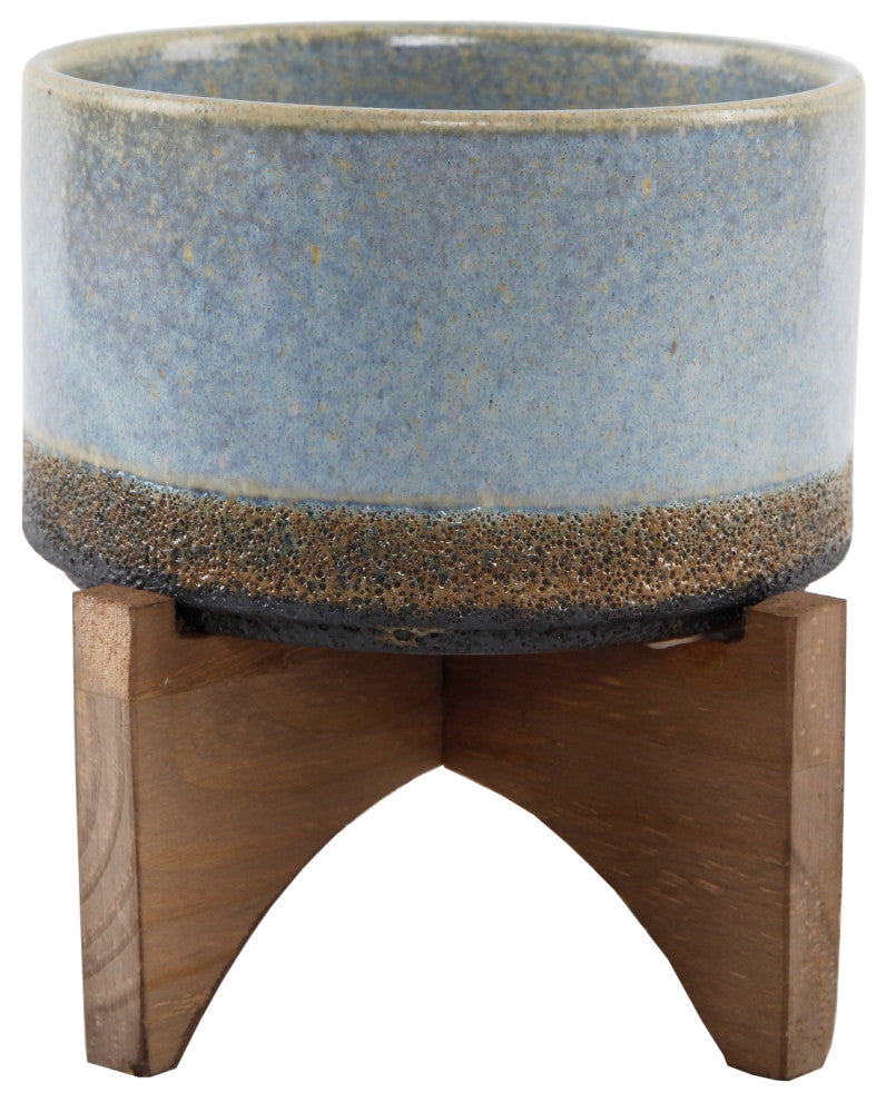 5.1" Opening Lava Ceramic On Wood Stand, Blue