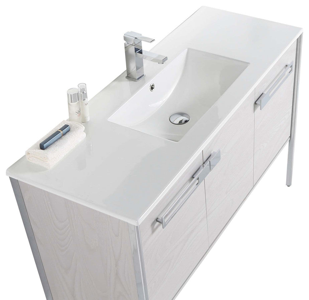 Oakville Bath Vanity, Ceramic Sink, Mild Grey Oak, 48 Inch, Chrome Hardware