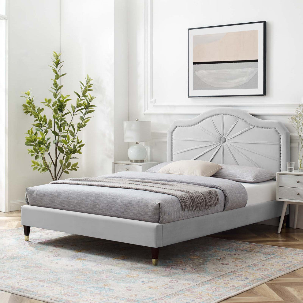 Platform Bed Frame, Full Size, Velvet, Light Gray, Modern Contemporary