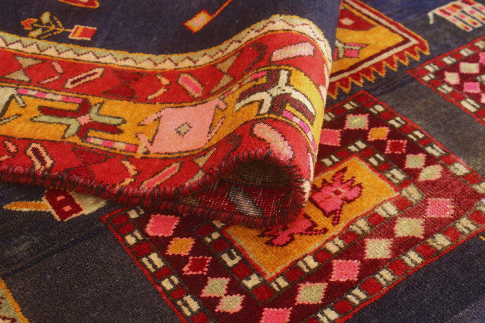Fine Vintage Distressed Hares Navy/Gold Runner, 4'5x10'8