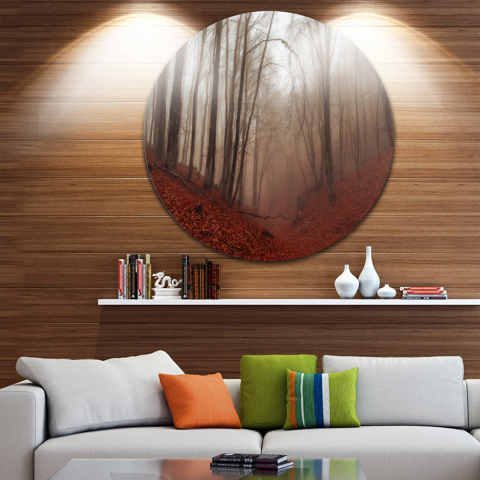 Red Leaves In Foggy Fall Forest, Landscape Photo Round Wall Art, 23"