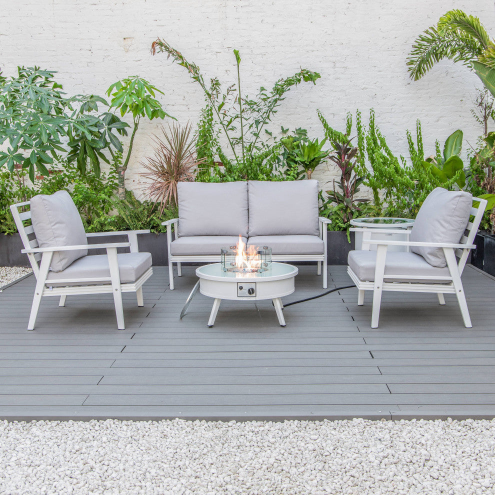LeisureMod Walbrooke Patio Conversation Set With Fire Pit Table, Light Grey