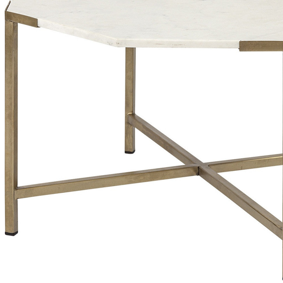 33" White and Gold Genuine Marble and Metal Hexagon Coffee Table