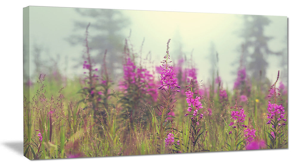 Purple Summer Flowers in Foggy Field, Floral Art Canvas Print, 32"x16"