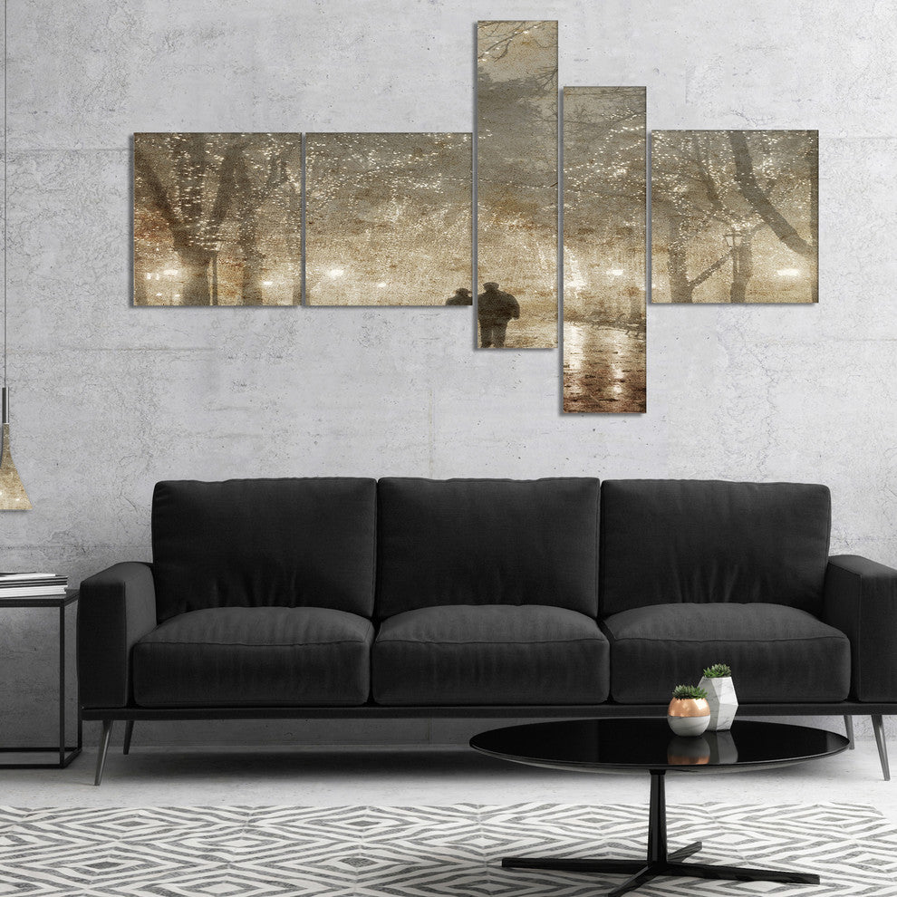 Couple Walking in Night Lights, Landscape Photo Canvas Print, 60"x32", 5 panels