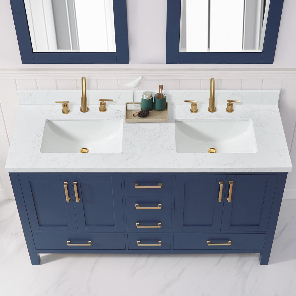 Jaen Composite Stone Vanity Top With Ceramic Sink, Grain White, 61"